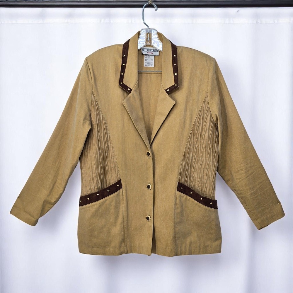 VTG Peter‎ Popovitch Woman Medium Petite Blazer Tan Brown Studded Trim Western